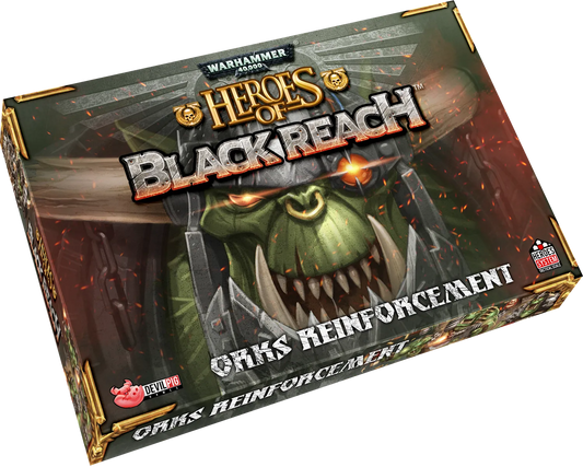 Warhammer game box for 'Heroes of Black Reach' with orc reinforcement theme