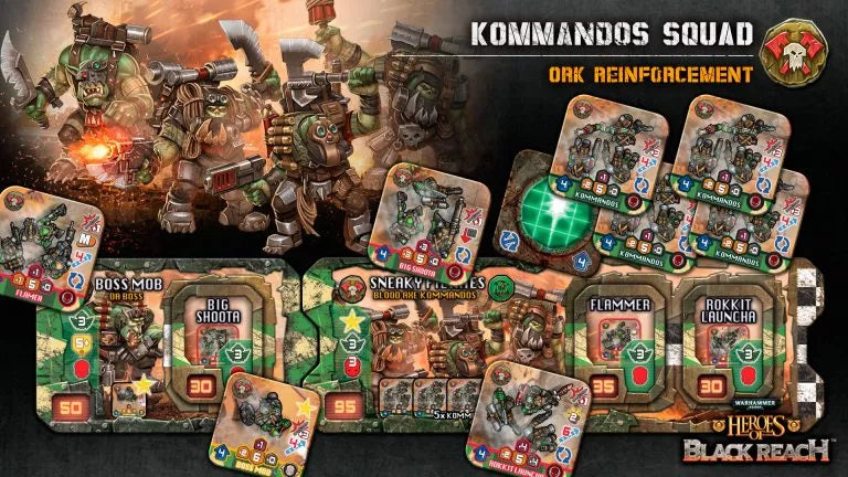 Collection of game components including figures and cards with 'Heresy: Black Reach' branding.