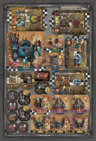 Collection of board game components including cards, dice, and miniatures on a checkered background.