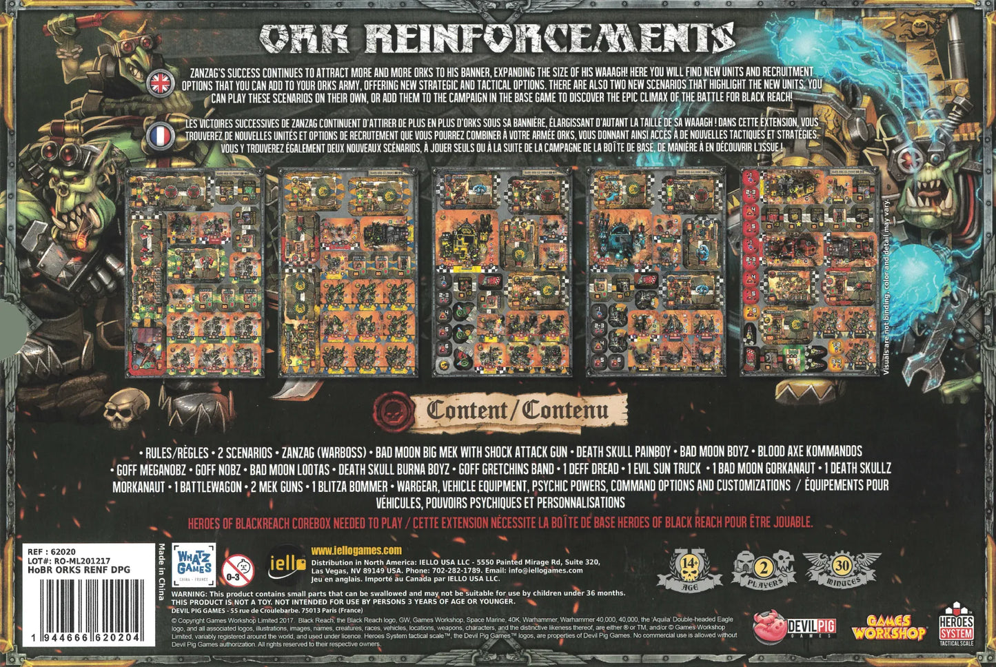 Back cover of a board game box with game maps and character illustrations.