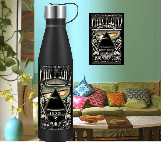 Black water bottle with Pink Floyd design in a living room setting