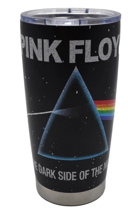 Pink Floyd tumbler with dark side of the moon design. 