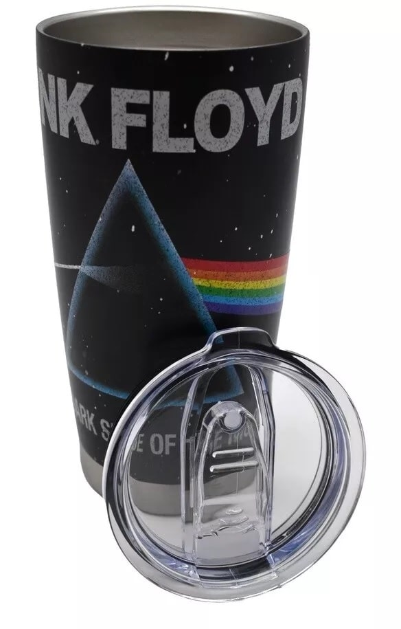 Pink Floyd tumbler with a clear lid on a white background