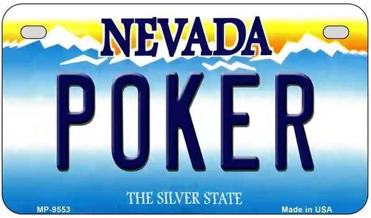 Nevada license plate with 'POKER' text and mountain design