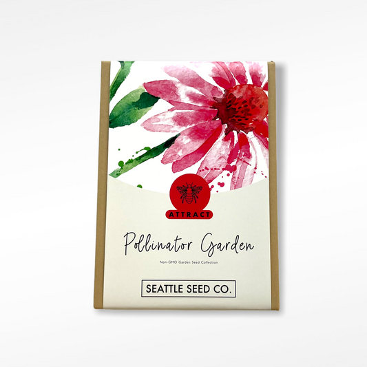 Seattle Seed Co. pollinator garden seed packet with a pink flower illustration on a white background