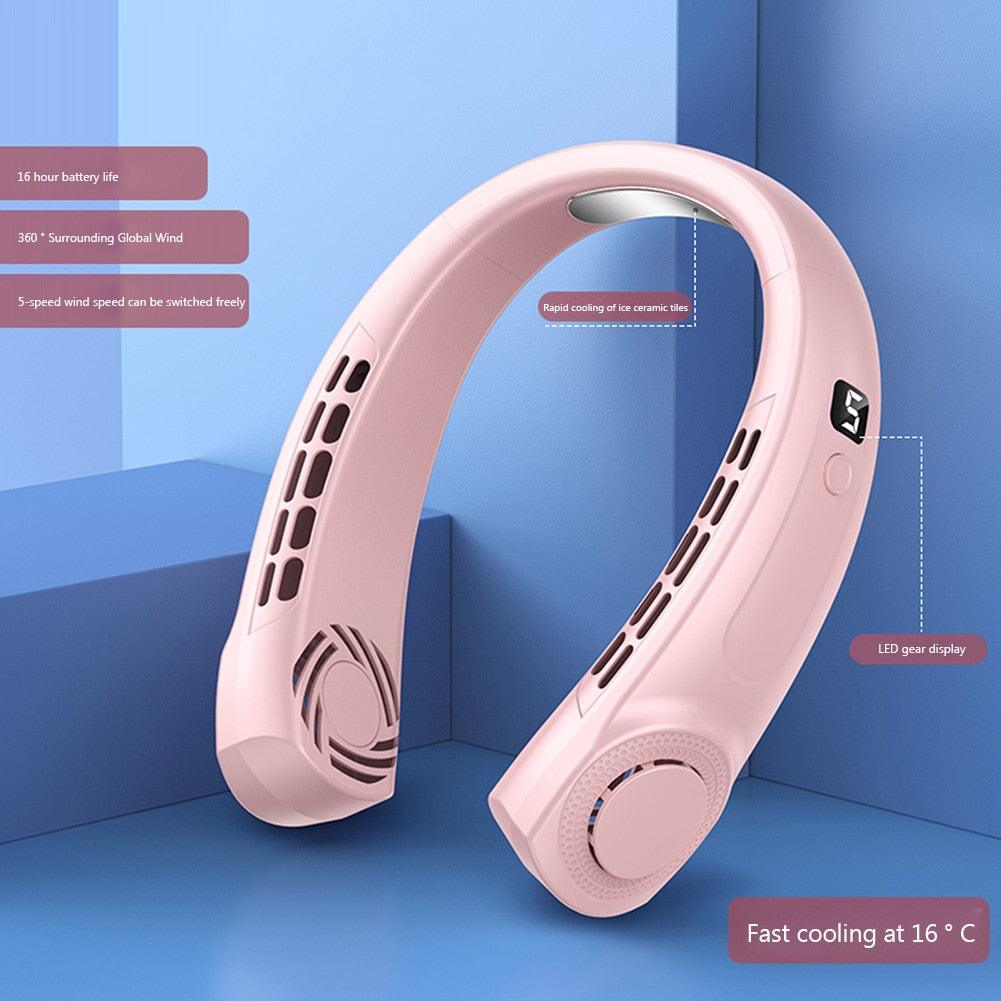Portable Neck Fan USB Handheld Mute LED Digital Display Leafless Mini Electric Fan Colorful Atmosphere Lights 5th Gear For Rechargeable Personal Wearable Fan with Colorful Flashlight LED Digital Display And Low Noise