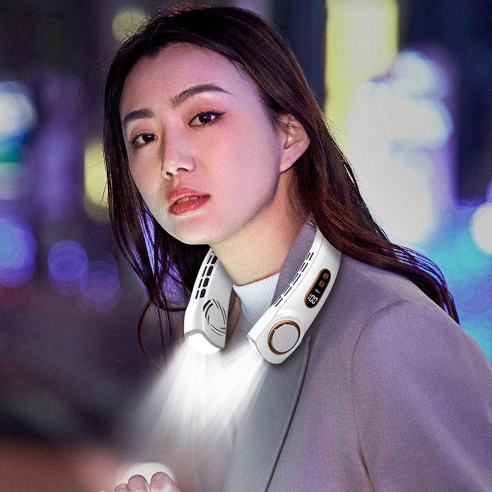 Portable Neck Fan USB Handheld Mute LED Digital Display Leafless Mini Electric Fan Colorful Atmosphere Lights 5th Gear For Rechargeable Personal Wearable Fan with Colorful Flashlight LED Digital Display And Low Noise