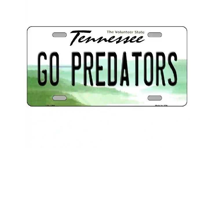 Tennessee license plate with 'GO PREDATORS' text on a green and white background
