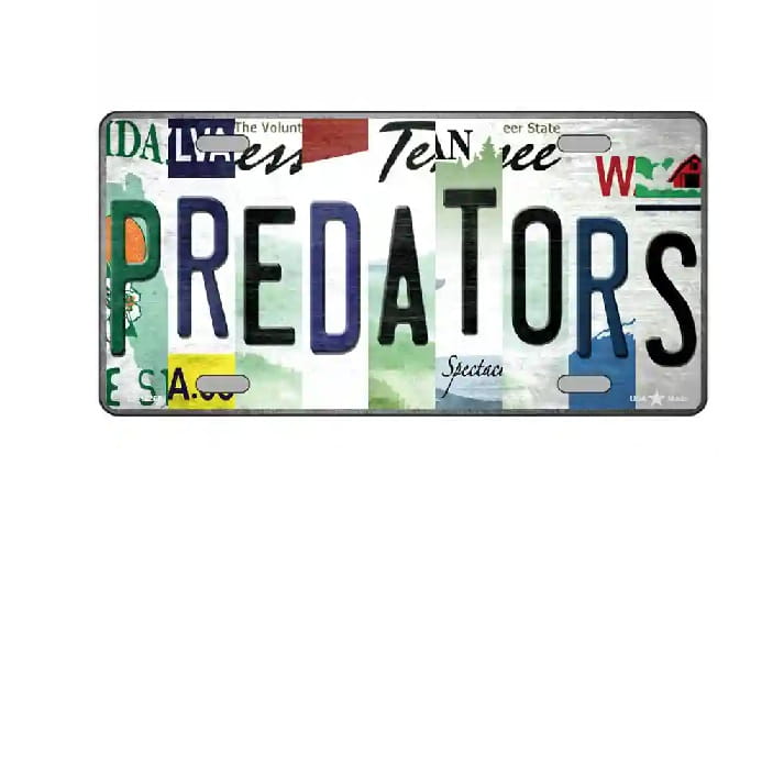 License plate with the word 'PREDATORS' on a white background