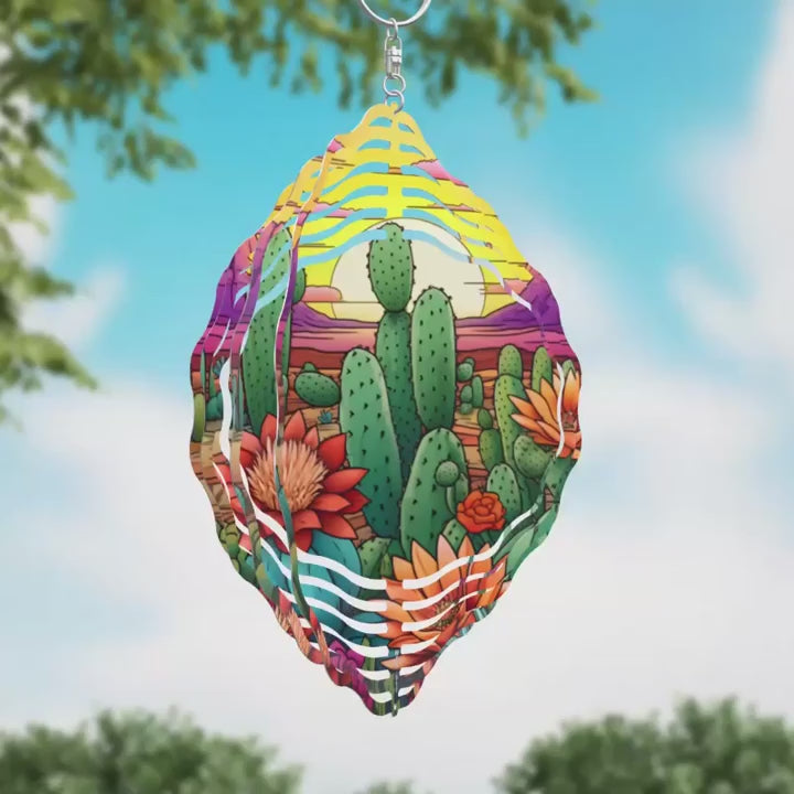 Animation Desert Sunset with Cactus and Flowers Novelty Metal Wind Spinner