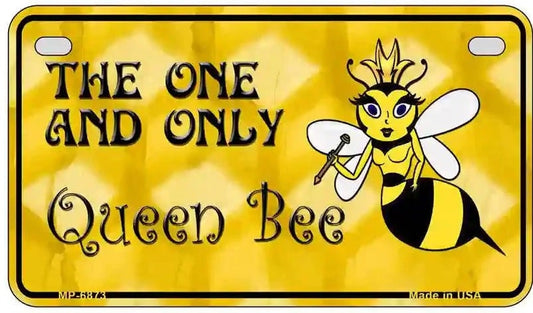 Motorcycle License plate with a bee design and text 'The One and Only Queen Bee' on a yellow background.