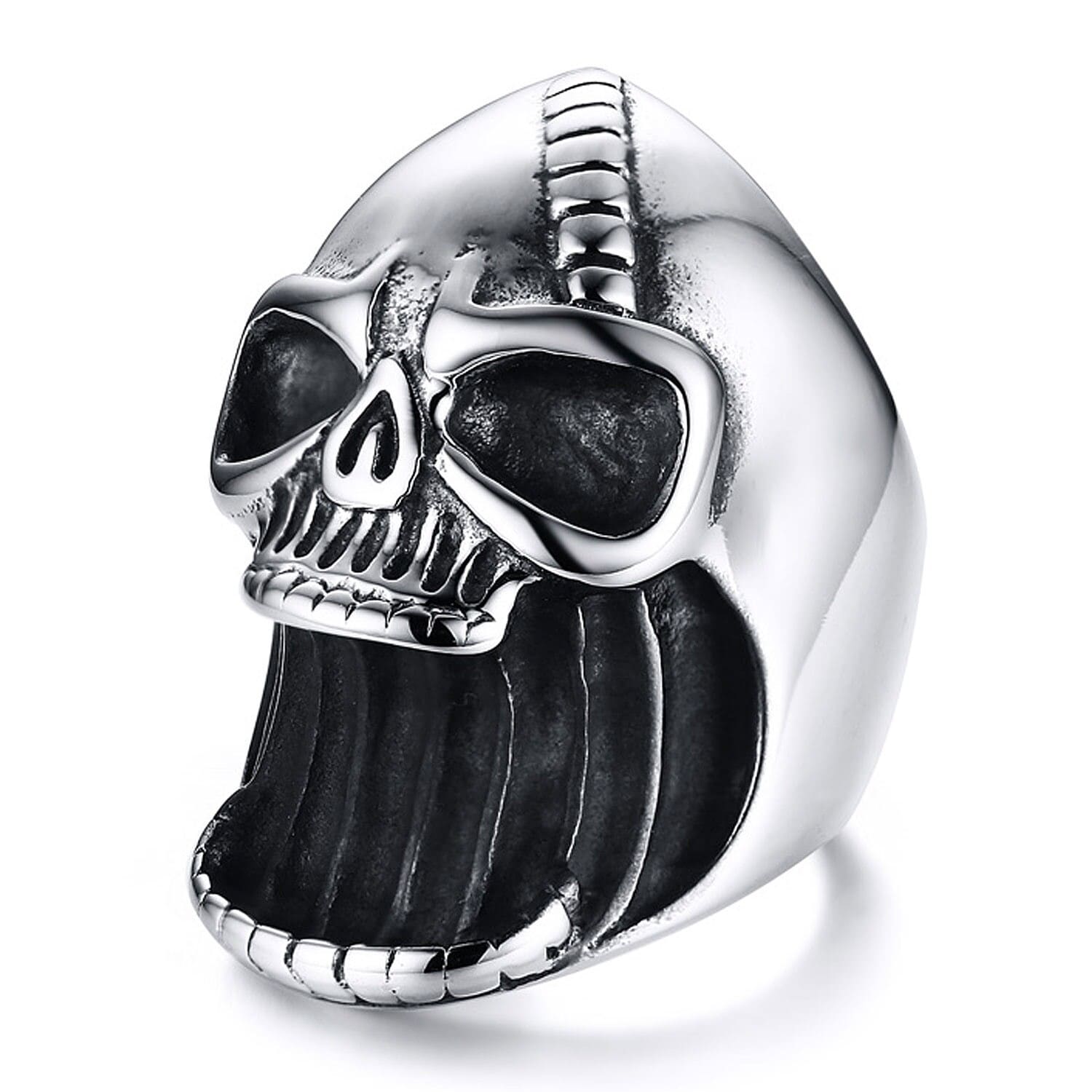 Silver skull ring with black accents on a white background