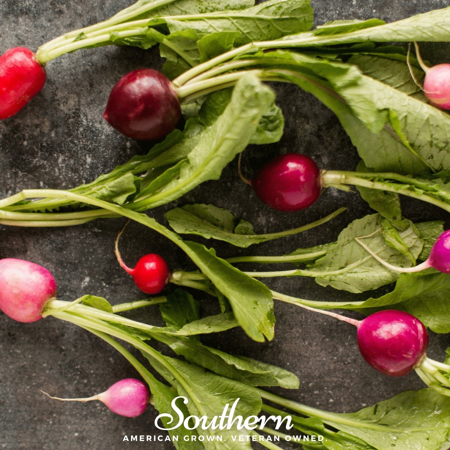 Red radishes with green leaves on a dark surface, branded 'Southern'.