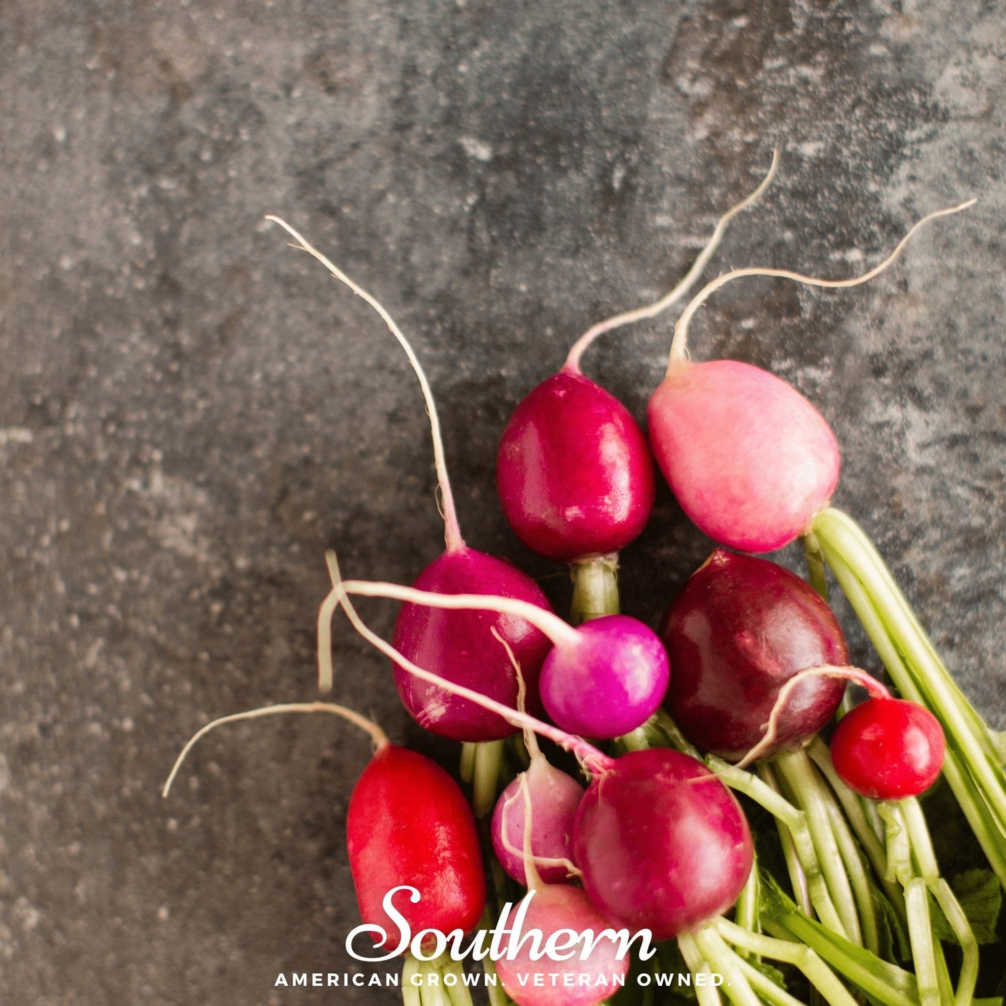 Red radishes on a gray surface with 'Southern' branding.