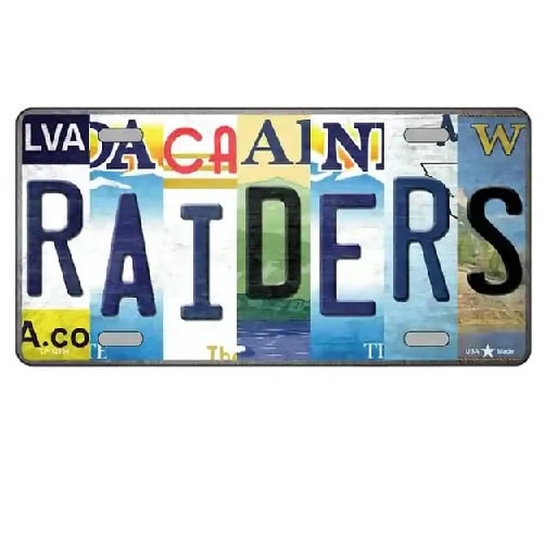 Decorative plate with 'RAIDERS' text made from license plate fragments on a white background