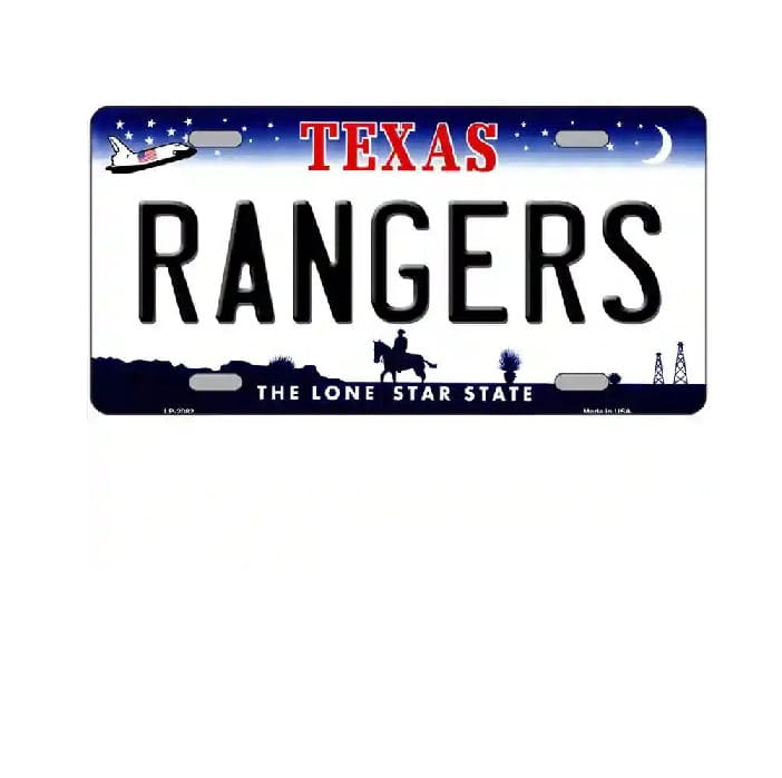 Texas Rangers license plate with scenic design on a white background