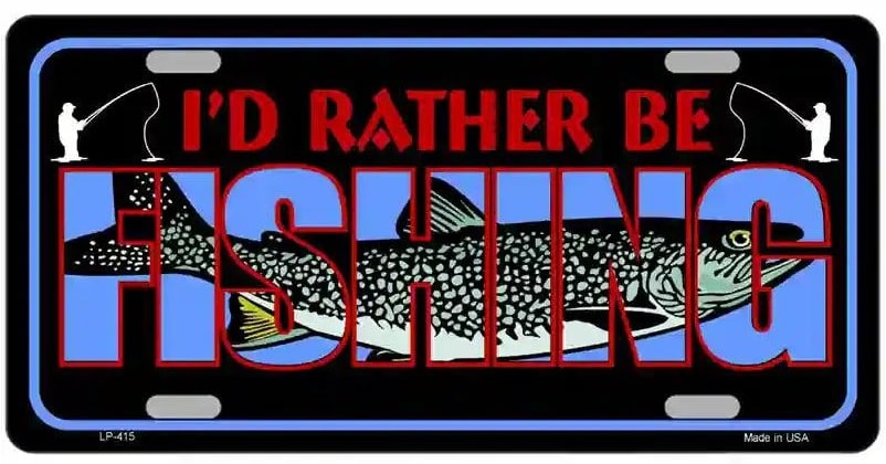 License plate with fishing design and text 'I'd Rather Be Fishing' on a black background.