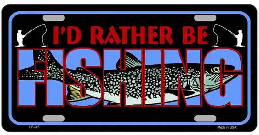 License plate with fishing design and text 'I'd Rather Be Fishing' on a black background.