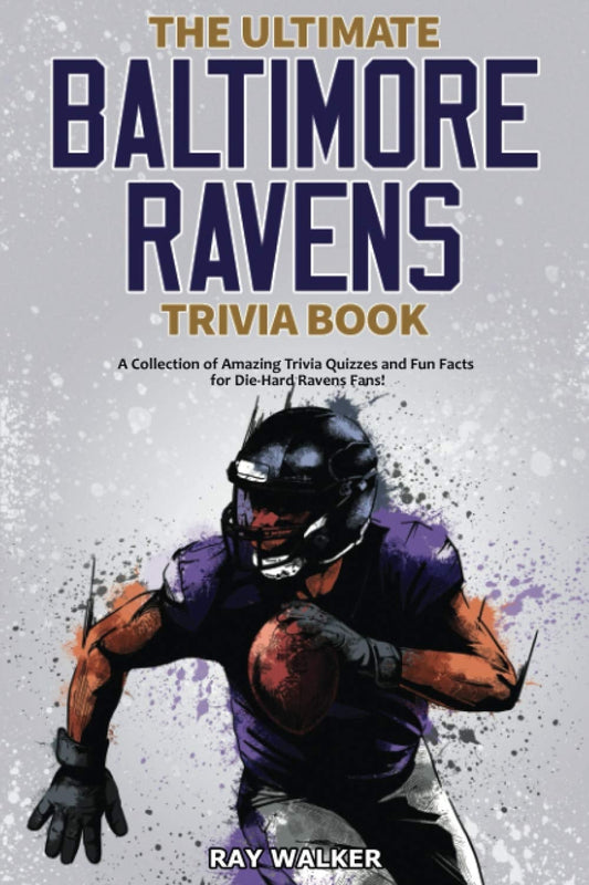 Book - The Ultimate Baltimore Ravens Trivia Book' with a player in action pose on a gray background.