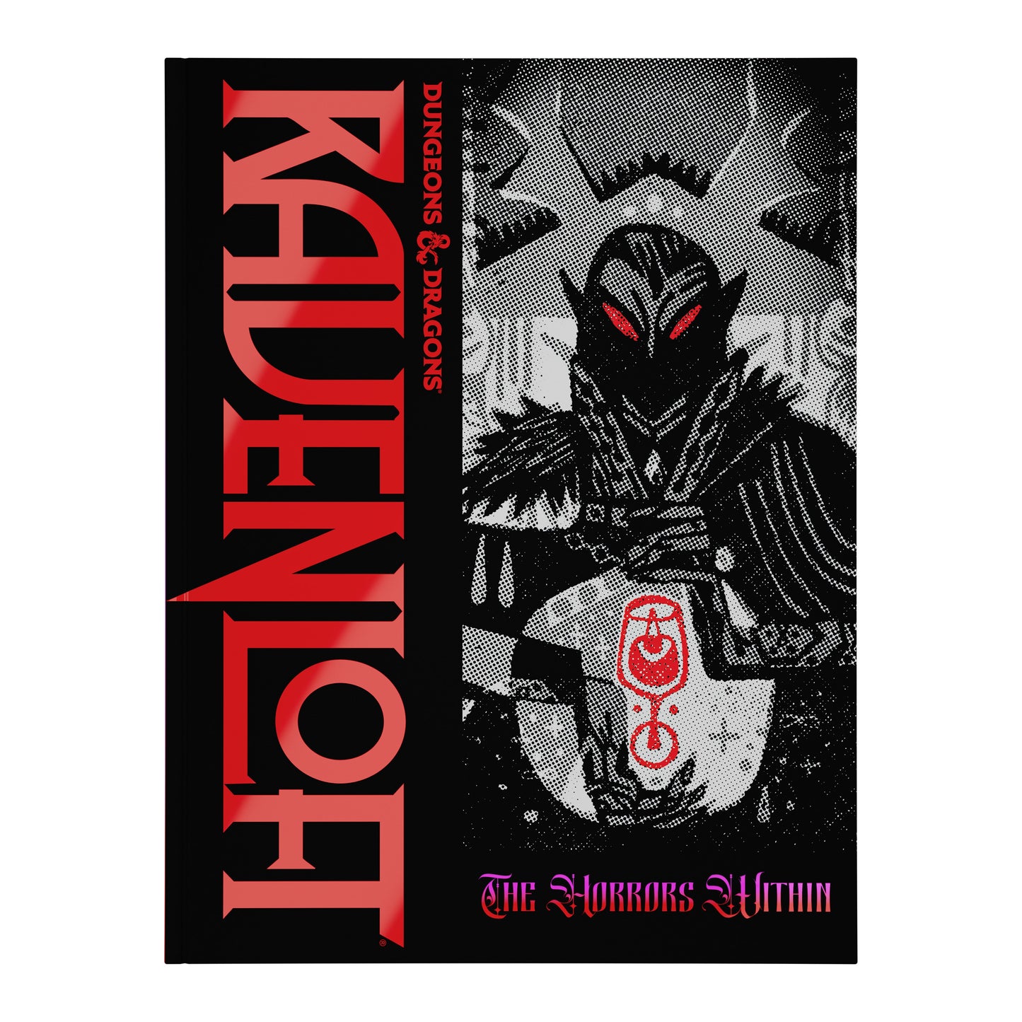 Fantasy book cover featuring a dark, armored character with red eyes and text.