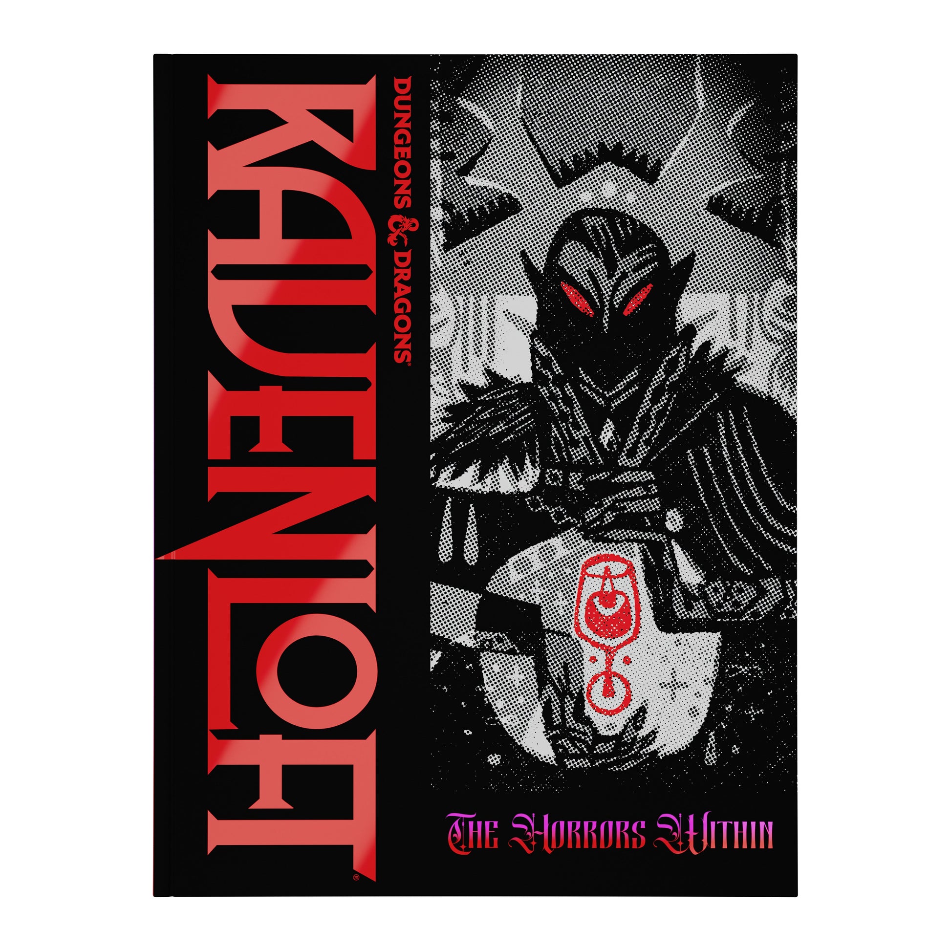 Fantasy book cover featuring a dark, armored character with red eyes and text.