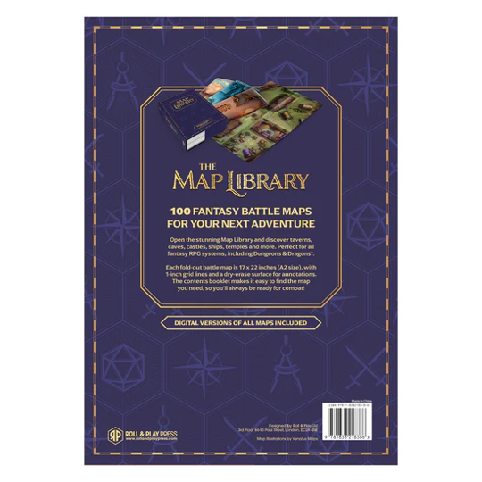 Book cover of 'The Map Library' with fantasy battle maps on a blue background