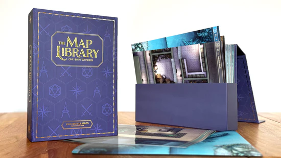 Blue 'The Map Library' book with a stand displaying maps on a wooden surface.