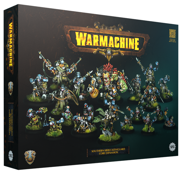 Box for Warmachine game with warrior figurines on a dark background