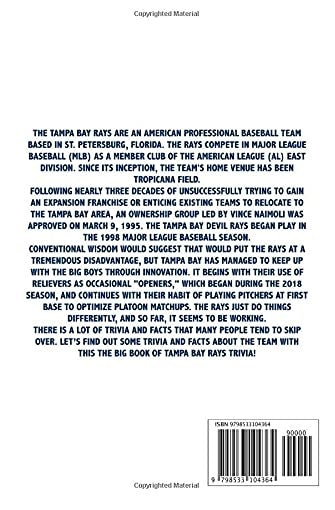 Back cover of a book about the Tampa Bay Rays baseball team with text and a barcode.