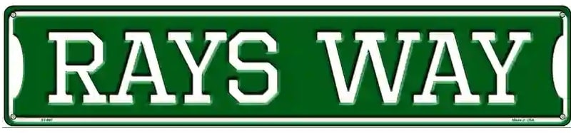 Green street sign with 'RAYS WAY' text
