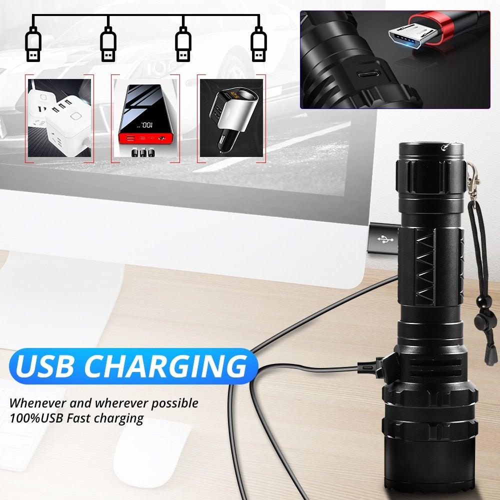 Rechargeable  LED Tactical Flashlights Waterproof Powerful High Lumen Super  Bright Power LED Aluminum Flashlight For Hiking Outdoor Camping Fishing Jogging Running HouseholdPowerful Light
