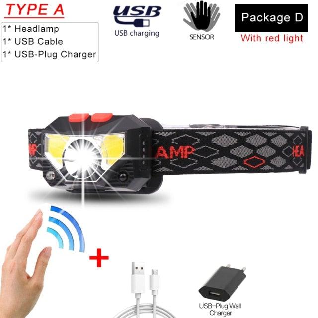 Rechargeable Powerful USB LED High Lumen Headlamp Ultra-Light Bright Headlight Waterproof Sensor Head Light  For Outdoors Camping Running Hiking Biking Fishing