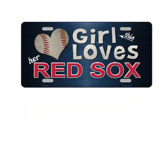 License plate with 'Girl Loves her RED SOX' text and baseball design on a blue background