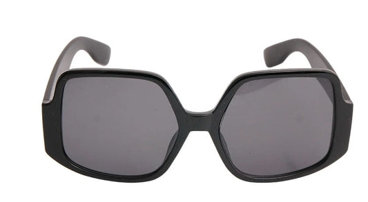 Black sunglasses with a geometric frame on a white background