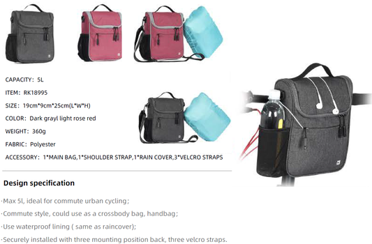 Multicolored bags with specifications and design details on a white background