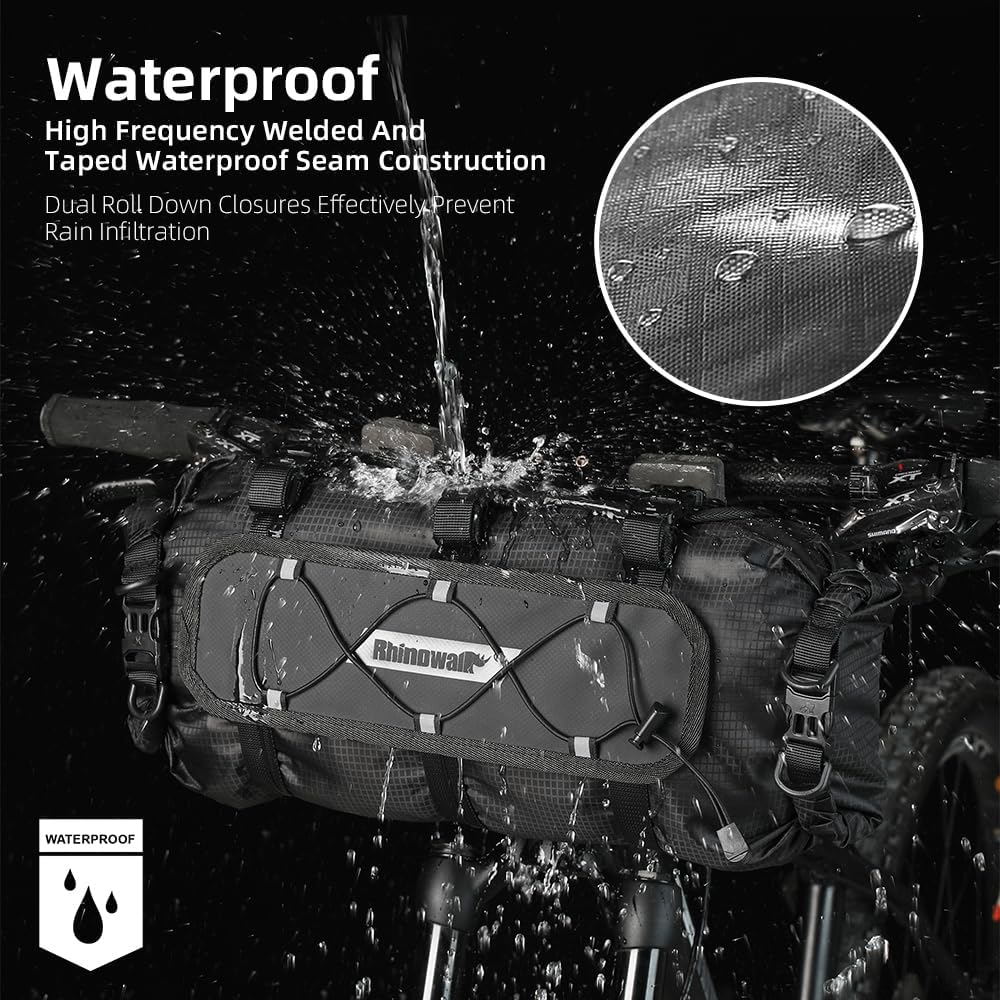 Waterproof bag with water droplets being poured on it, emphasizing its waterproof construction.