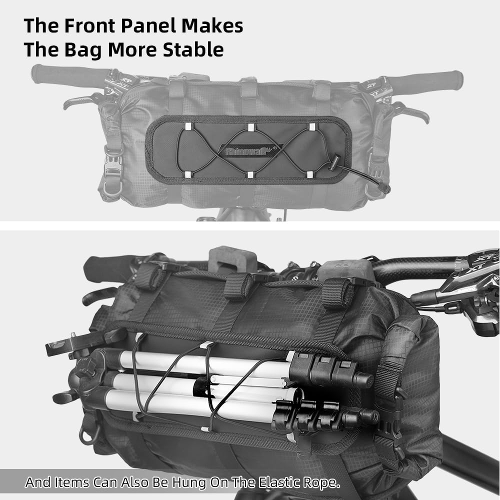 Bicycle bag with front panel and elastic rope for stability and item hanging.