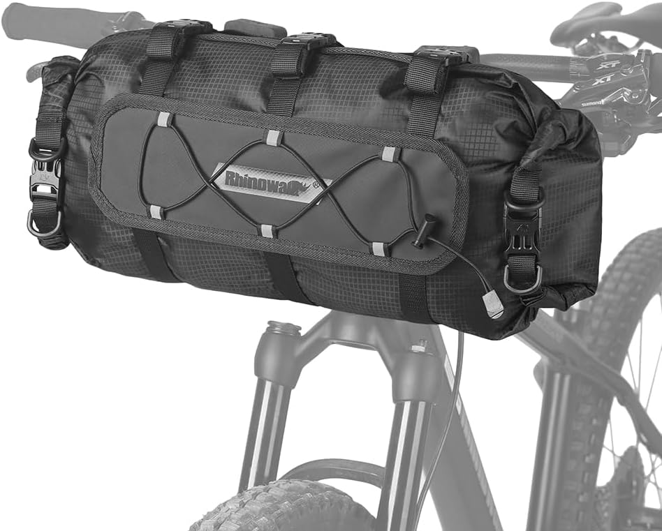 Black bike bag with a brand logo attached to a bicycle frame on a white background