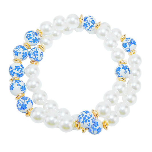 Bracelet Cream Pearl Blue Hand Painted Bead Set