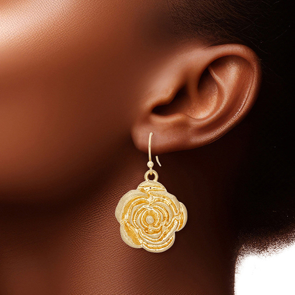 Fish Hooks Burnished Gold Rose Charm Earrings