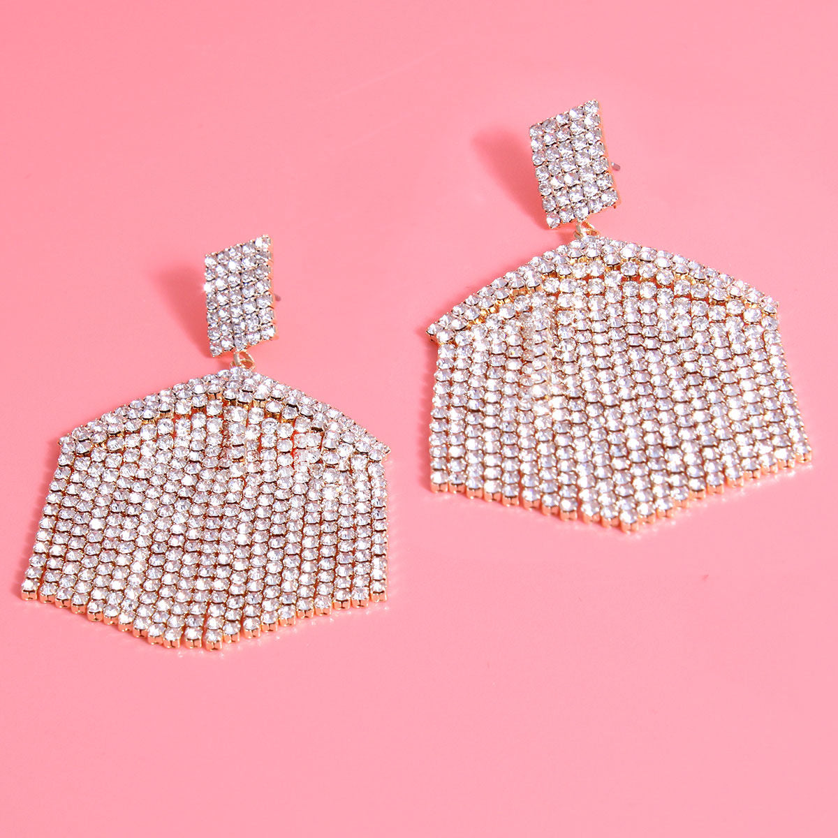 Gold Hexagon Rhinestone Fringe Earrings