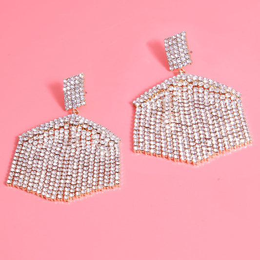 Gold Hexagon Rhinestone Fringe Earrings