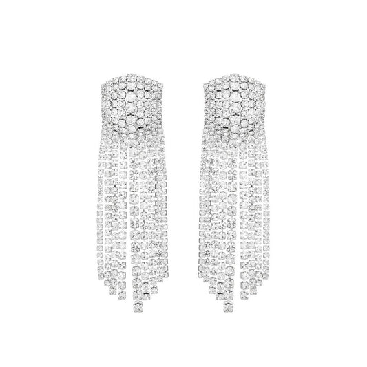 Silver Rectangle Iced Fringe Earrings