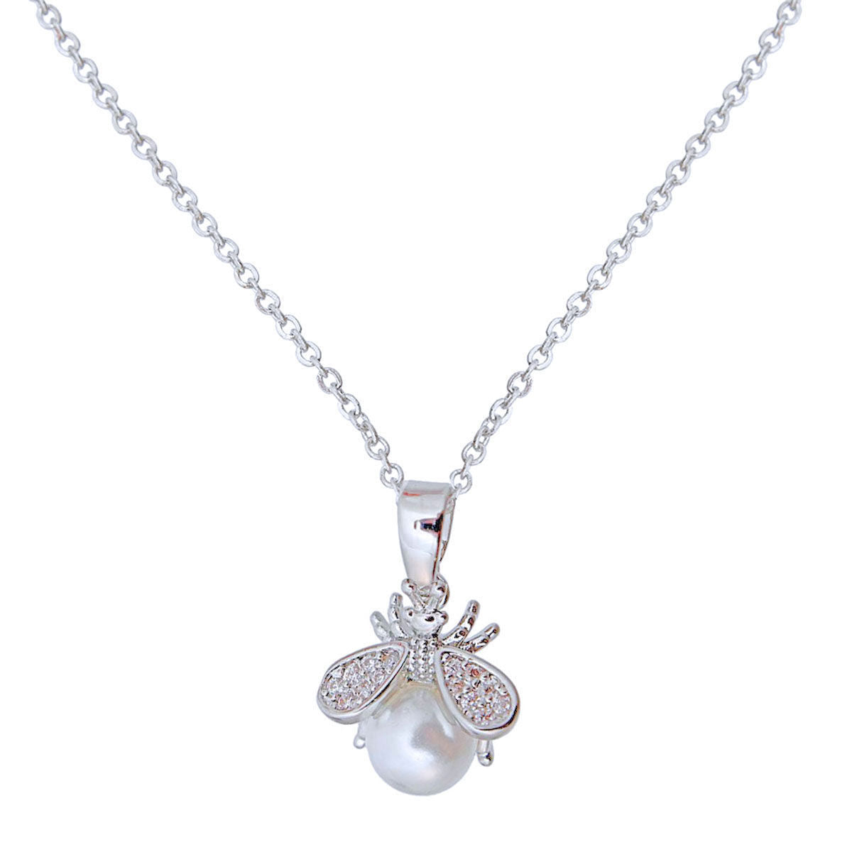 Silver Pearl and CZ Cute Bee Necklace