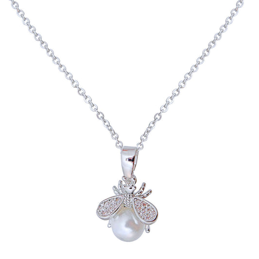 Silver Pearl and CZ Cute Bee Necklace