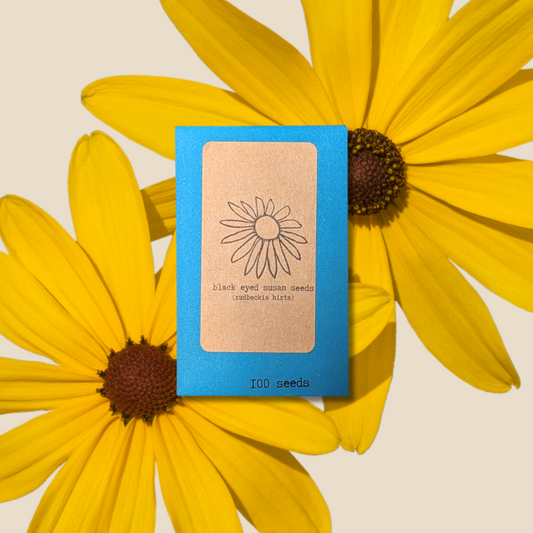 Seeds packet with black-eyed Susan design surrounded by yellow flowers on a beige background