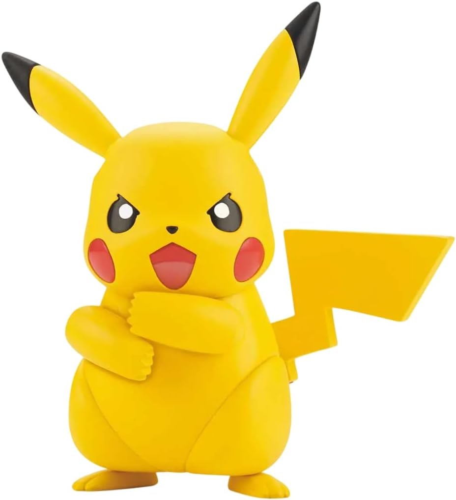 Yellow Pikachu figure with black ears and red cheeks on a white background