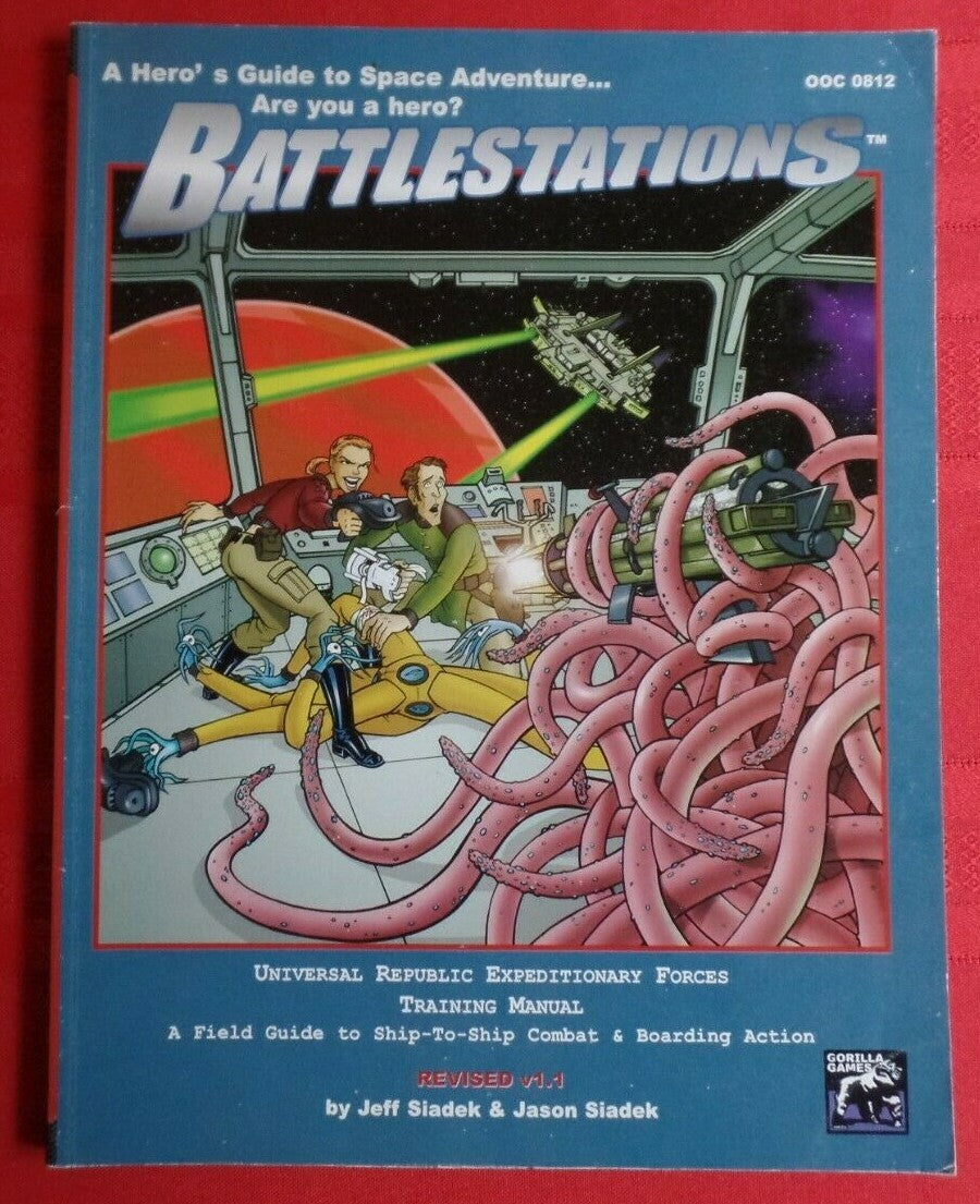 Cover of 'Battlestations' book with space-themed illustration on a red background