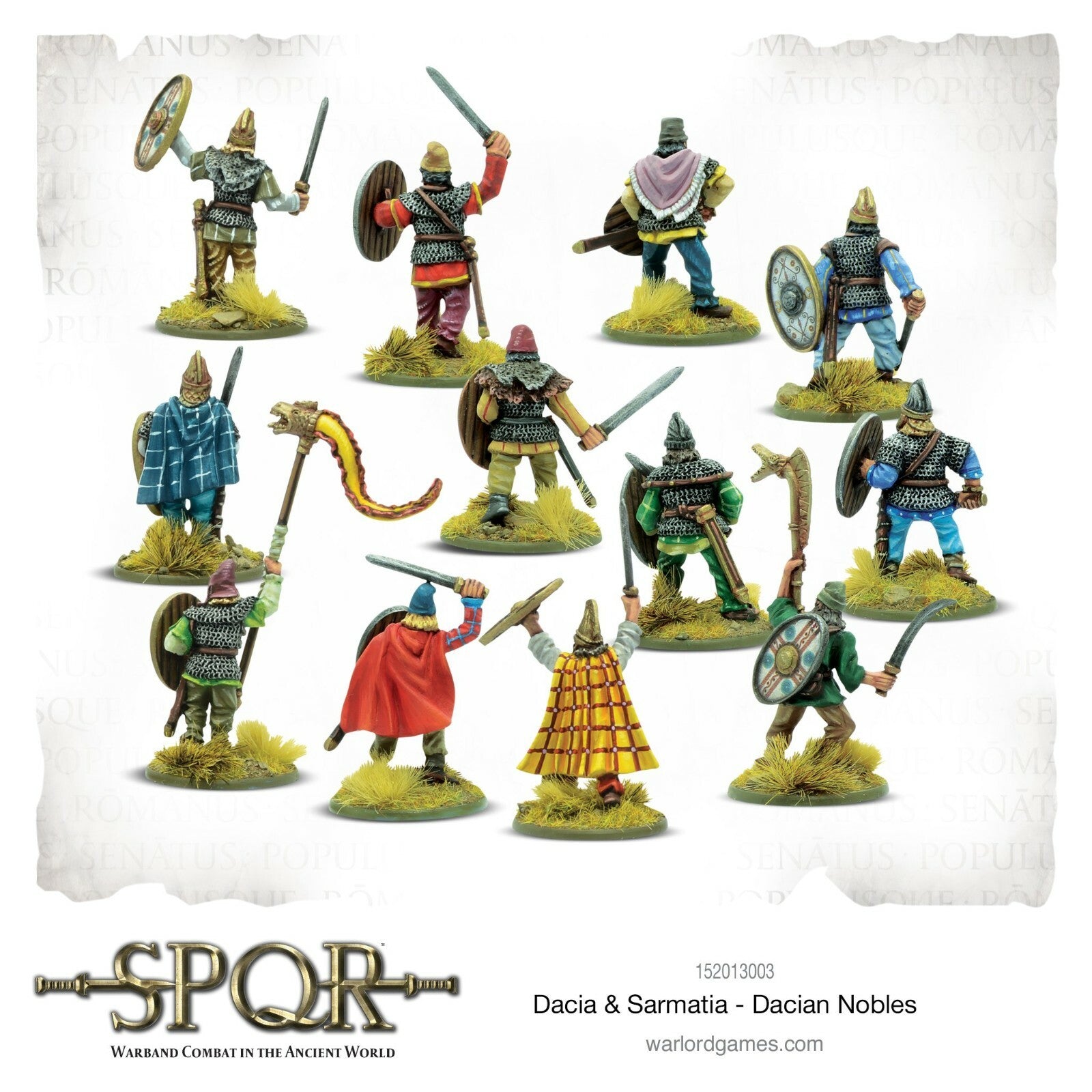 Collection of miniature figures representing Dacian nobles from the game SPQR on a white background.