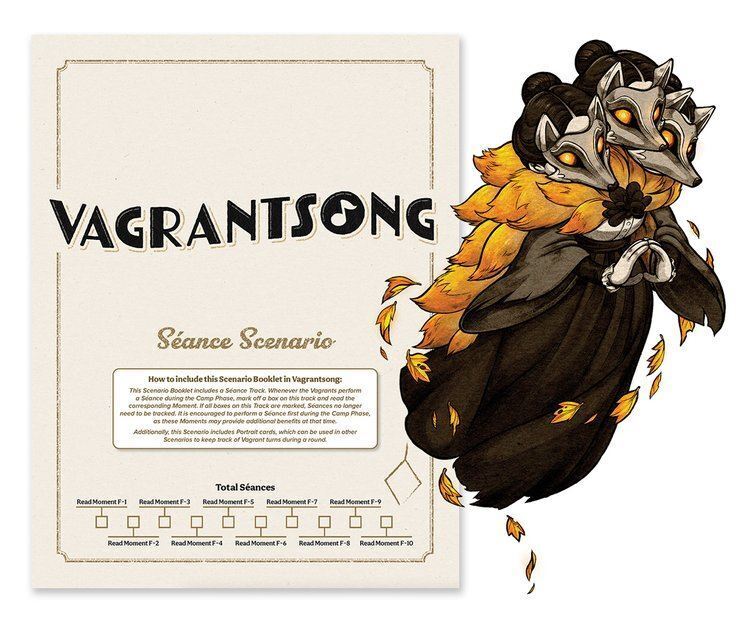 VagrantSong game scenario booklet with character illustration on a white background